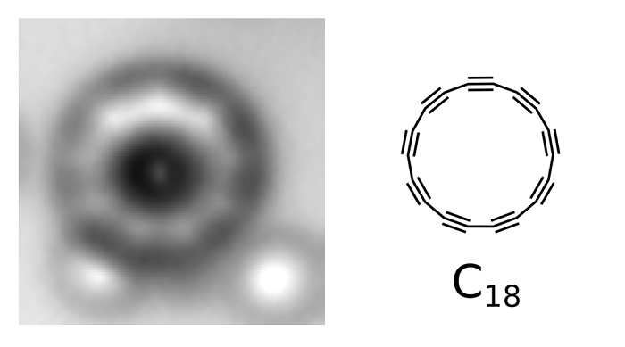 Obraz cząsteczek widziany dzięki mikroskopii sił atomowych (AFM) i struktura Cyklo[18]karbonu Fot:  IBM Research, Science