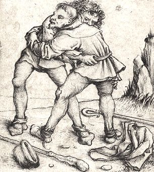 Dwóch chłopów w zapasach, Mistrz Księgi Domowej, ok. 1475-1480