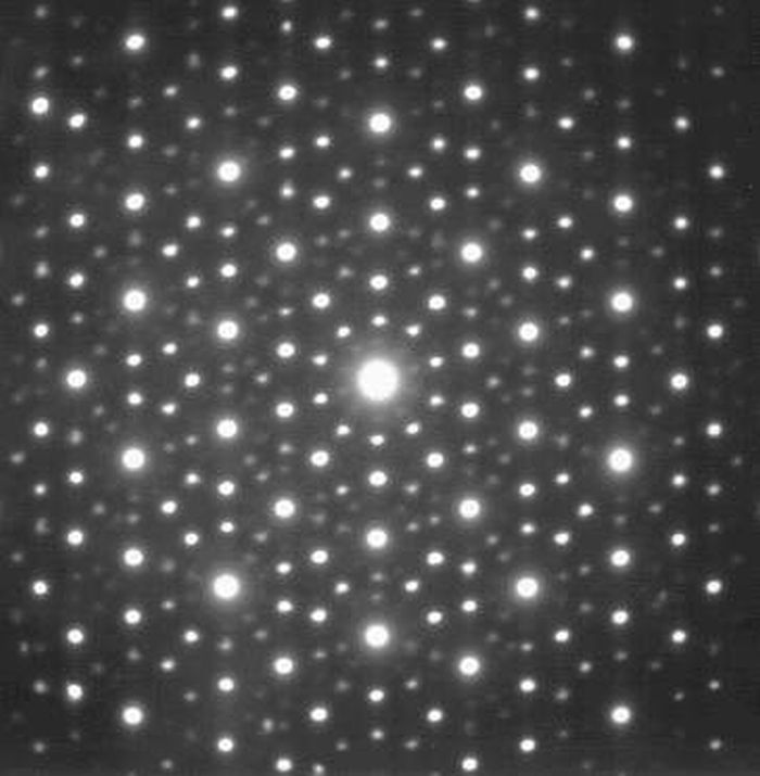 Obraz dyfrakcyjny ikosaedralnego kwazikryształu Ho–Mg–Zn, fot: Materialscientist, Wikipedia