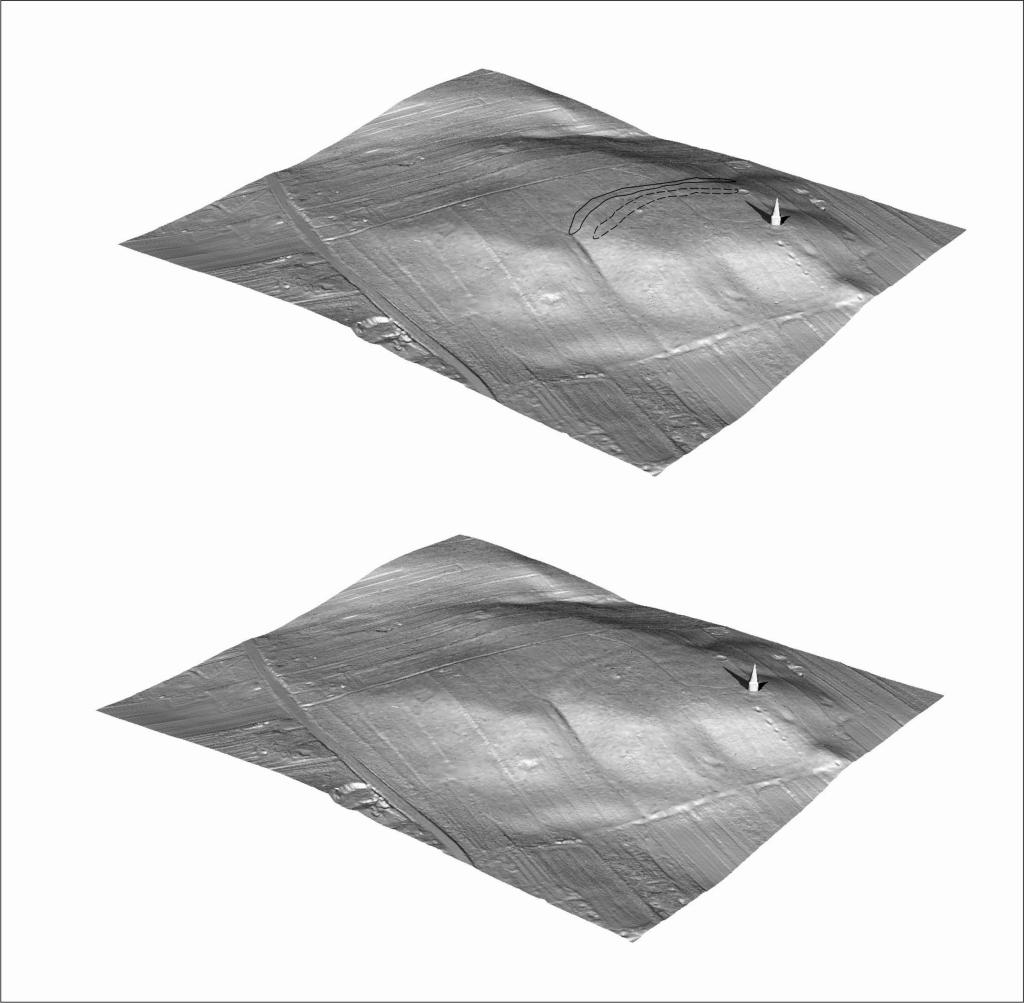 Wizualizacja 3D wzgórza z wałami oddzielającymi część wzgórza na której znajduje się mauzoleum w kształcie piramidy, oprac. A. Kubicka i K. Grochecki