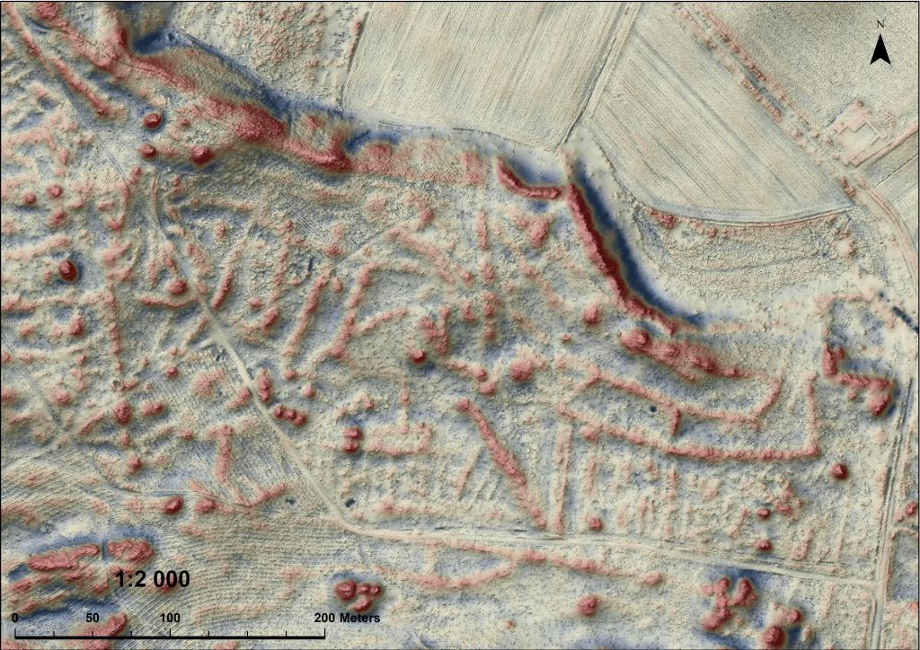 Model terenu na podstawie danych LIDAR - lotniczego skanowania laserowego widoczne kurhany i wały, oprac. J. Czerniec.