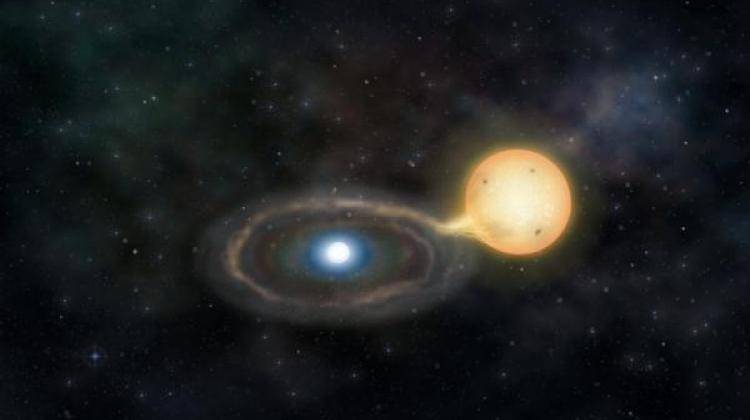 Wizja artystyczna układu kataklizmicznego Gaia14aee, złożonego z gorącego białego karła pożerającego drugą gwiazdę układu. Spadająca na białego karła materia tworzy wokół niego dysk. Źródło: Instytut Astronomii Uniwersytetu w Cambridge. 