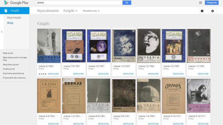 Archiwum czasopisma „Urania – Postępy Astronomii” w wersji mobilnej (strona w systemie Google Play). Źródło: PTA / Urania. 