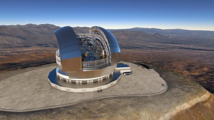 Wizualizacja 39-metrowego teleskopu E-ELT na szczycie góry Cerro Armazones w Chile. Źródło: ESO/L. Calçada/ACe Consortium. 