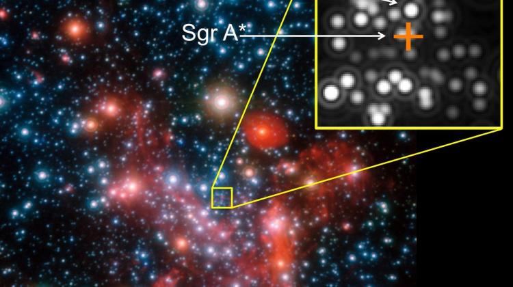 Centralne części Drogi Mlecznej obserwowane przy pomocy instrumentu NACO na teleskopie VLT. Krzyżykiem zaznaczono pozycję centrum Galaktyki, w którym znajduje się supermasywna czarna dziura. Źródło: ESO/MPE/S. Gillessen et al. 