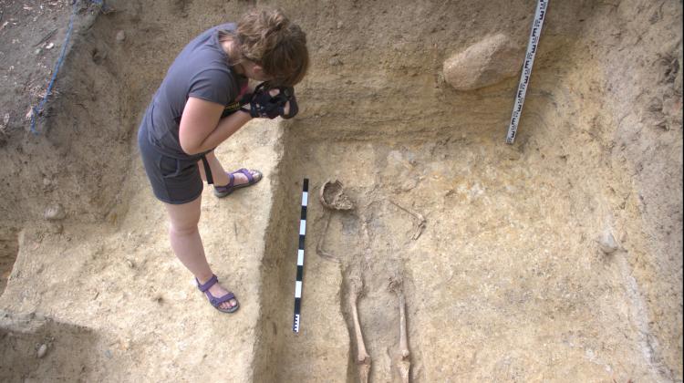 Archeolog przy dokumentowaniu szkieletu; fot. Bartosz Świątkowski