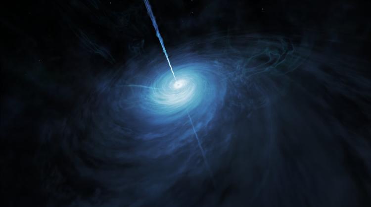 Artystyczna wizja kwazara J043947.08+163415.7. Źródło: ESA/Hubble, NASA, M. Kornmesser.