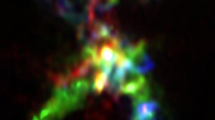 Obraz z sieci radioteleskopów ALMA prezentuje obszar gwiazdotwórczy AFGL 5142. W centrum widać niemowlęcą, jasną, masywną gwiazdę. Źródło: ALMA (ESO/NAOJ/NRAO), Rivilla et al.
