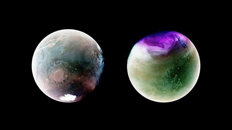 Globalny widok Marsa w ultrafiolecie – zdjęcia uzyskane przez sondę kosmiczną MAVEN. Źródło: NASA/LASP/CU Boulder.