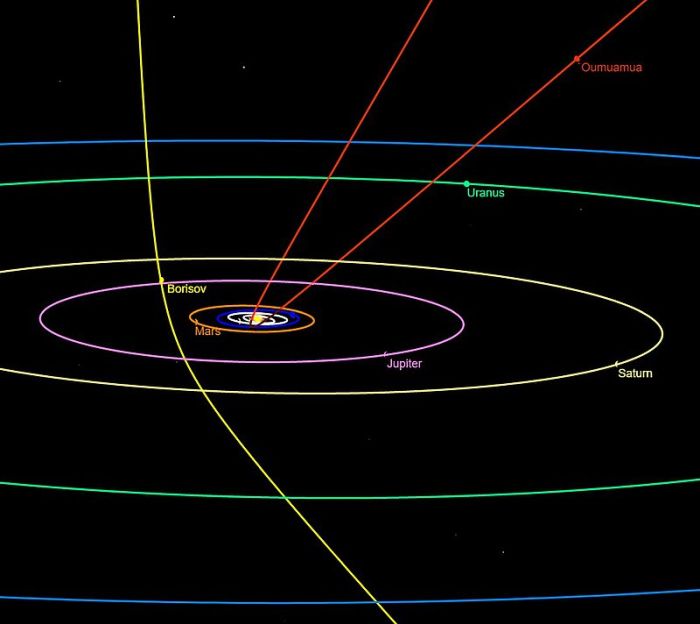 Pochodząca z innego układu planetarnego kometa 2I/Borisov (zaznaczona na żółto) opisana przez Polaków przechodzi właśnie przez Układ Słoneczny. Pierwszym znanym nam przybyszem z innego układu była planetoida ‘Oumuamua (zaznaczona na czerwono). 