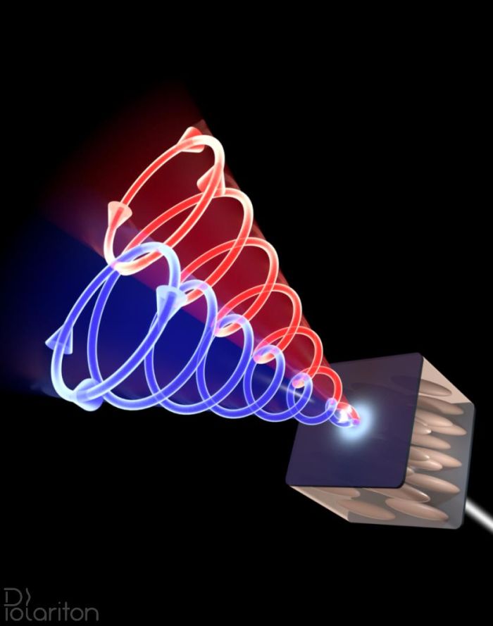 Schemat doświadczenia – polaryzacja kołowa światła (zaznaczona czerwonym i niebieskim kolorem) przechodzącego przez wnękę wypełnioną ciekłym kryształem zależy od kierunku propagacji. (rys. Mateusz Król)