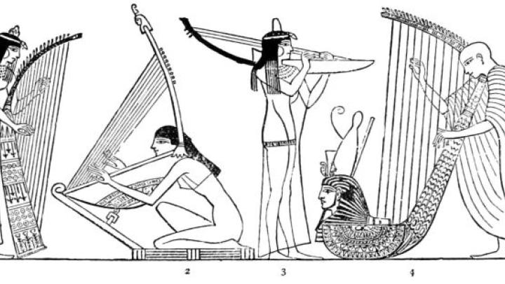Różne typy harfy występujące w sztuce egipskiej, rys. domena publiczna