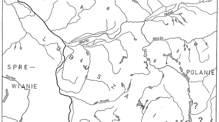 Podziały plemienne w dorzeczu Odry w IX-X wieku. W centralnej części mapy odnotowano terytorium Lubuszan, rys. i opracowanie: J. Lewczuk 