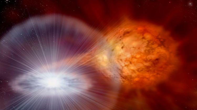 Artystyczna wizja wybuchu gwiazdy nowej. Źródło: David A. Hardy & PPARC.