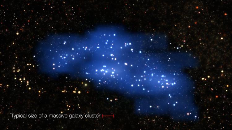 Wizualizacja pokazująca proto-supergromadę  Hyperion odkrytą we wczesnym Wszechświecie (przesunięcie ku czerwieni z=2,45 czyli 2,3 mld lat po Wielkich Wybuchu). Czerwona kreska na dole pokazuje rozmiar typowej masywnej supergromady galaktyk. Źródło: ESO/L. Calçada & Olga Cucciati et al.