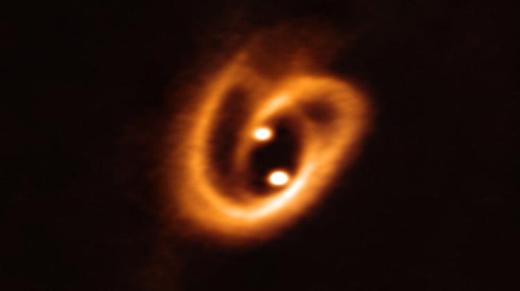 „Kosmiczny precel” – obraz dysków gazu i pyłu wokół niemowlęcych gwiazd w układzie podwójnym. Obraz uzyskano dzięki sieci radioteleskopów ALMA. Źródło: ALMA (ESO/NAOJ/NRAO), Alves et al.