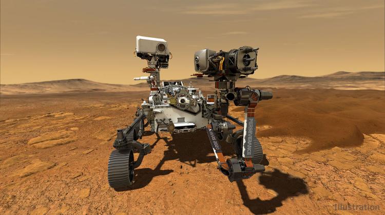 Artystyczna wizja łazika Perseverace na powierzchni Marsa. Źródło: NASA/JPL-Caltech.