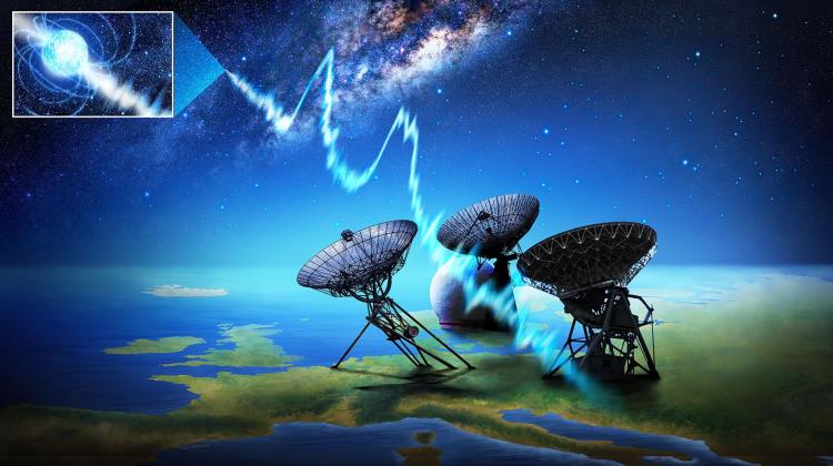 24 maja 2020 cztery europejskie teleskopy prowadziły wspólne obserwacje, aby zrozumieć pochodzenie tajemniczych błysków radiowych. Odebrano wtedy krótkoczasowy wybuch aktywności od jednego z magnetarów, bardzo gęstych obiektów posiadających ekstremalnie silne pole magnetyczne. (Autor: Danielle Futselaar, artsource.nl)