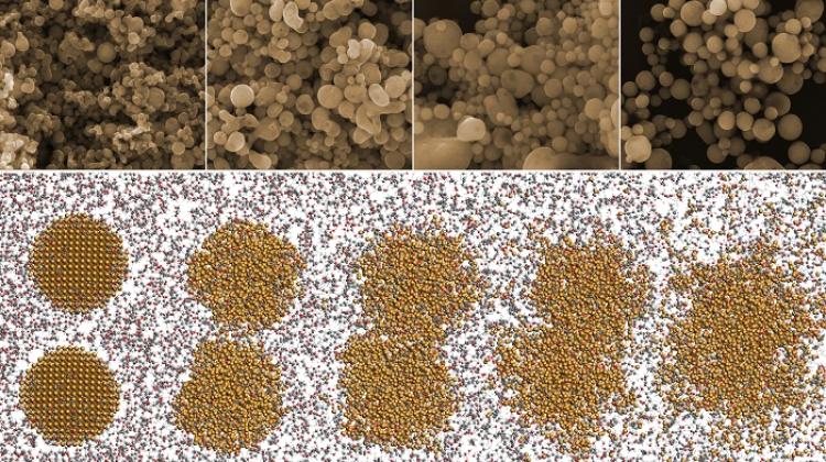 Kolejne fazy aglomeracji nanocząstek miedzi i jej tlenków, zachodzące w pierwszych 200 pikosekundach laserowego stapiania: u góry na zdjęciach mikroskopowych (pow. 50000x), na dole w symulacji komputerowej. Źródło: IFJ PAN